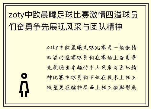 zoty中欧晨曦足球比赛激情四溢球员们奋勇争先展现风采与团队精神