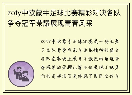 zoty中欧蒙牛足球比赛精彩对决各队争夺冠军荣耀展现青春风采