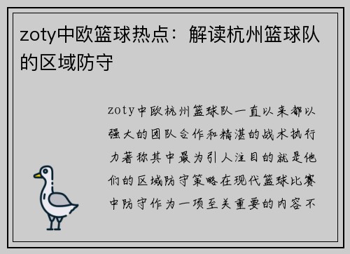 zoty中欧篮球热点：解读杭州篮球队的区域防守