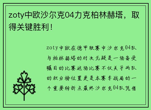 zoty中欧沙尔克04力克柏林赫塔，取得关键胜利！