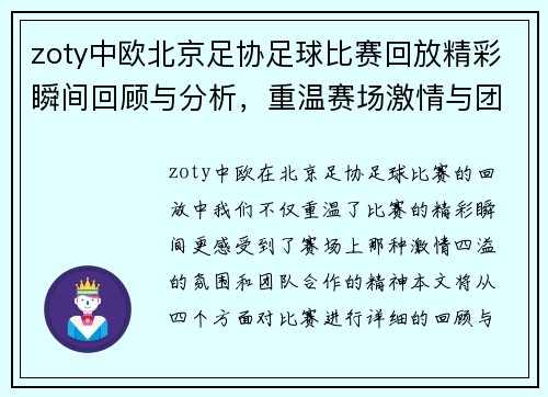 zoty中欧北京足协足球比赛回放精彩瞬间回顾与分析，重温赛场激情与团队合作精神