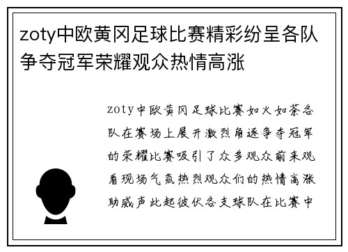 zoty中欧黄冈足球比赛精彩纷呈各队争夺冠军荣耀观众热情高涨